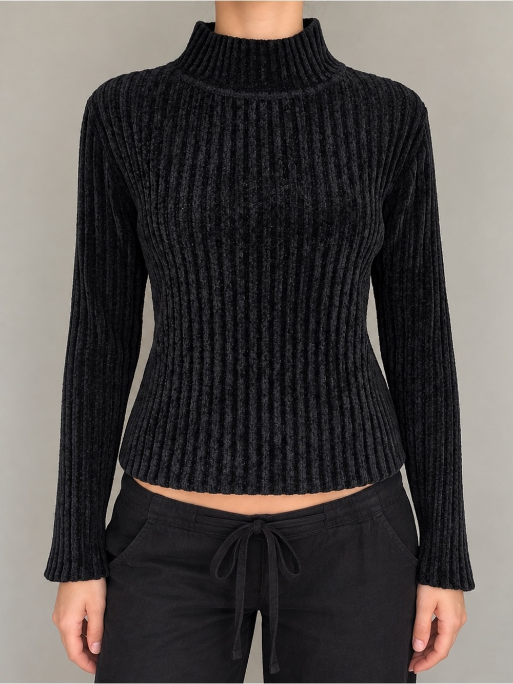 Y2K Vintage Ribbed Crush Velvet Mock Neck Sweater M